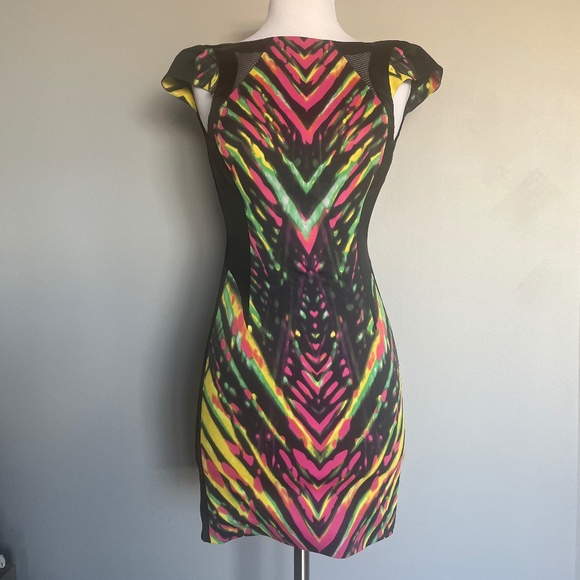 Karen Millen Multicolor Striped Neon Mesh Detail Cocktail Pencil Sheath Dress 2 - Picture 7 of 14